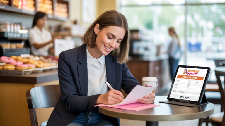 A woman completing a form on a tablet while seated at a coffee shop table.