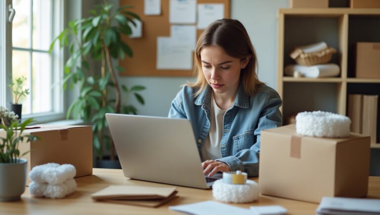A woman focused on her laptop while seated at a desk in a modern office environment.