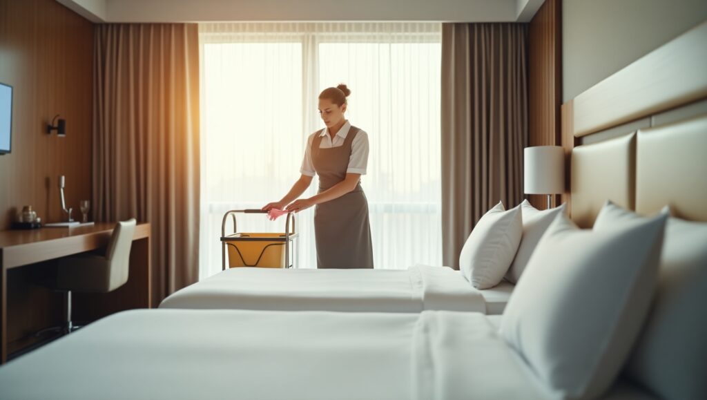 A woman in an apron cleans a hotel room, dusting surfaces and organizing items for a tidy appearance.