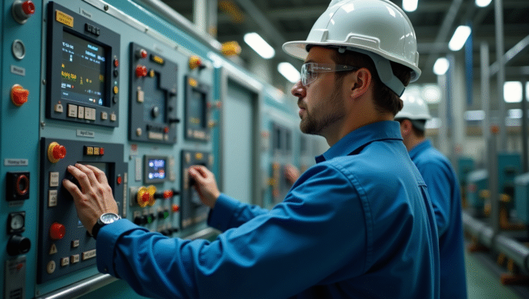 Two men in blue overalls are focused on adjusting a control panel in a technical workspace.
