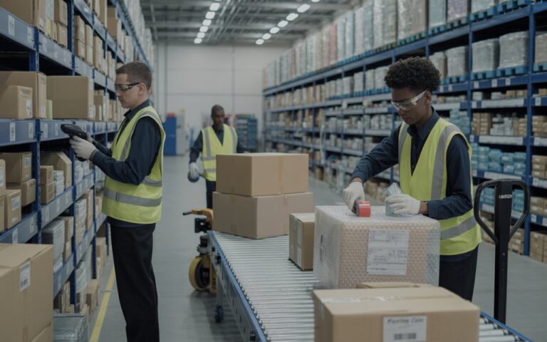 Two warehouse workers organize and stack boxes in a busy storage area filled with various packages.