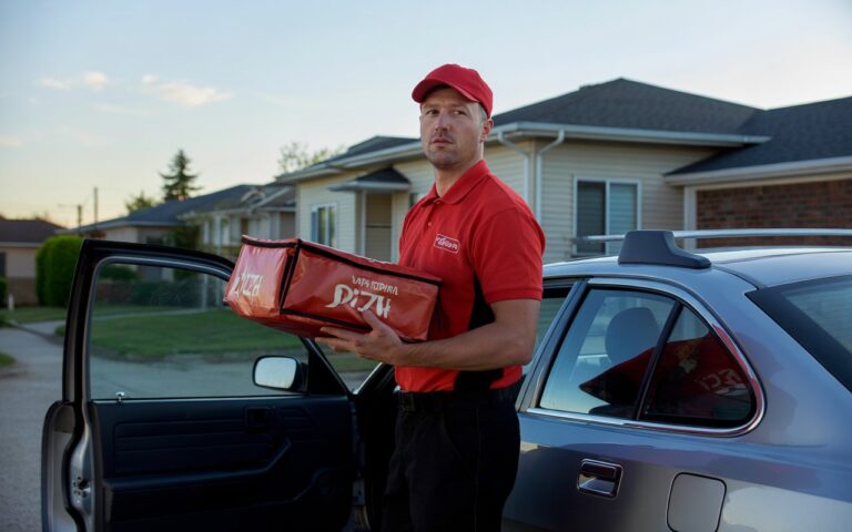 A man wearing a red shirt stands with a pizza box in hand, ready to serve a delicious meal.