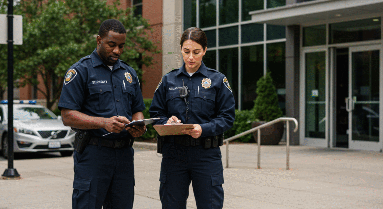 Two police officers standing outside a building, wearing uniforms and engaged in conversation.