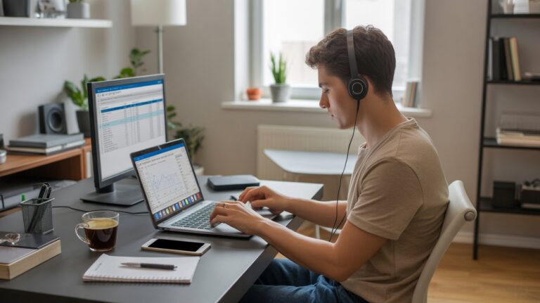 A man with headphones sits at a desk, focused on a laptop and a desktop computer in front of him.