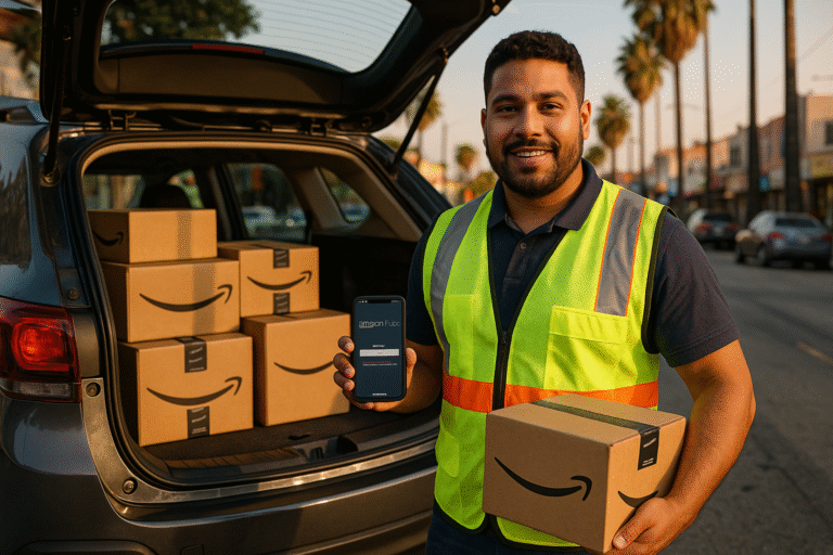 Amazon delivery driver wearing a uniform, holding a package, standing next to a delivery van in a residential area.