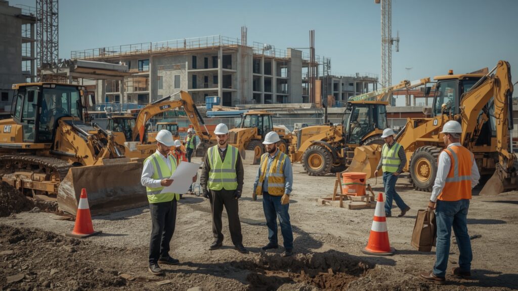 Construction workers pose in front of heavy machinery, showcasing their teamwork and the ongoing building project.