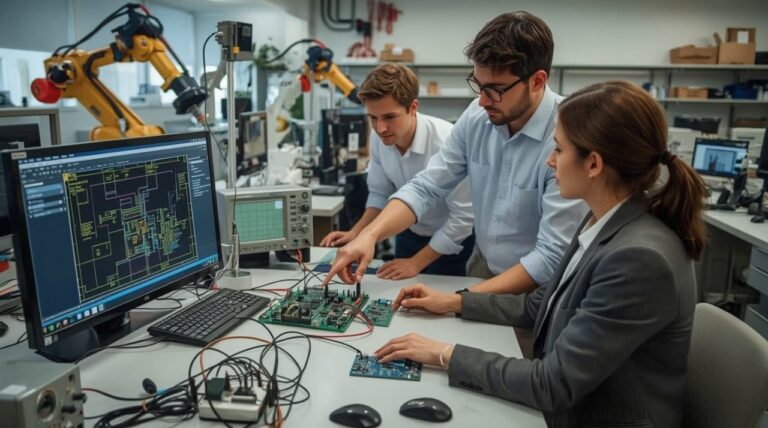 Three team members working together on electronic components in a well-equipped lab environment.