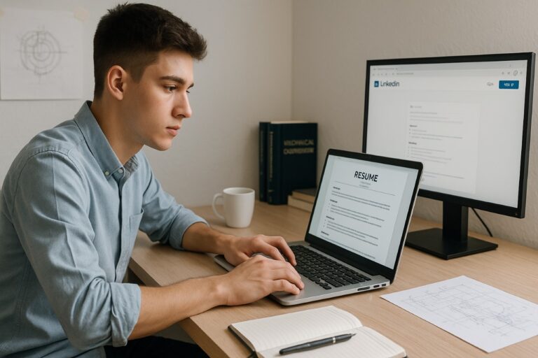 A man sitting at a desk, working on a laptop with a desktop computer beside him.