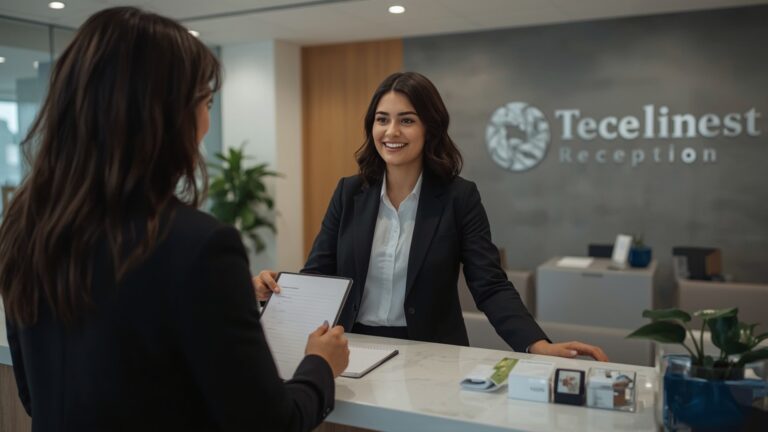 A woman in a business suit converses with a man at a reception desk in a professional setting.