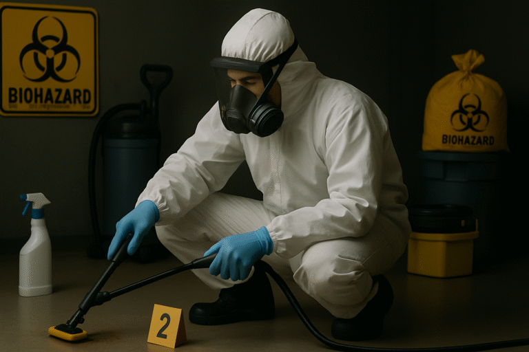 A man in a white suit and blue gloves is cleaning a room, focusing on tidying up the space.