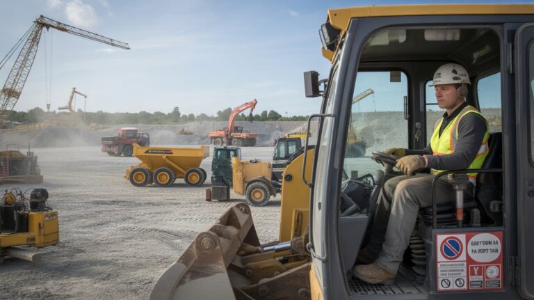 A construction worker seated in a bulldozer, focused on operating the machinery at a construction site.