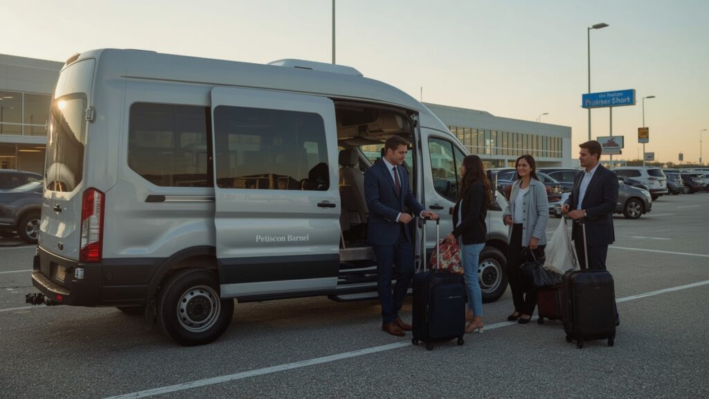 A group of people stands by a van, surrounded by luggage, preparing for their journey.