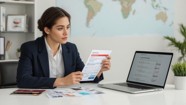 A woman dressed in a business suit looks intently at a document on her laptop, highlighting her commitment to her work.