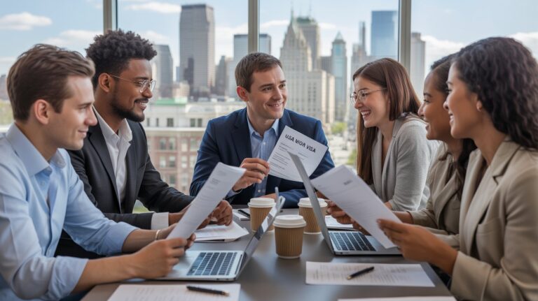 A group of business people engaged in discussion at a table, surrounded by papers and a laptop.