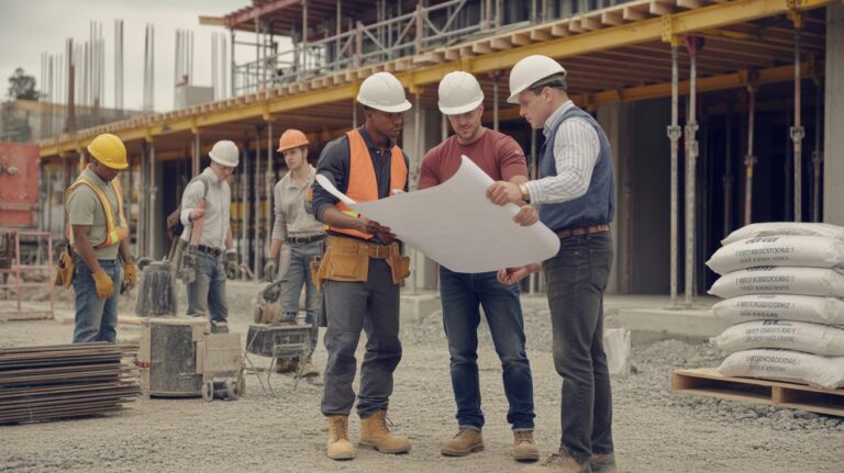 A group of construction workers gathered at a building site, discussing plans and inspecting materials.