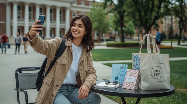 A woman in a safety vest scans an item with a handheld device, focused on her task in a work environment.