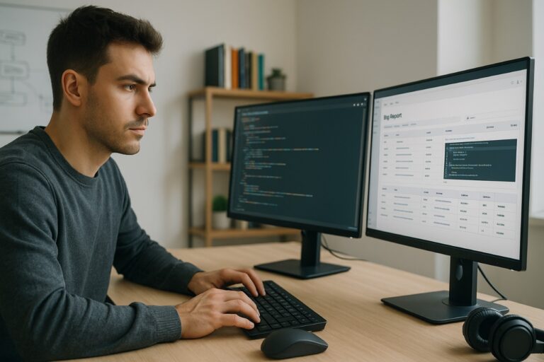 A man seated at a desk, working on two computer monitors displaying various applications.
