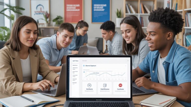 A team of people around a table, focused on a laptop as they share ideas and collaborate.