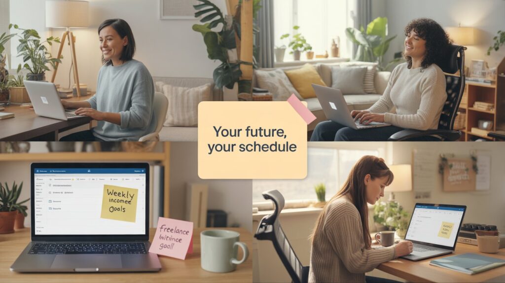 Three photos showing people engaged with laptops at their desks, accompanied by notes and workspace details.