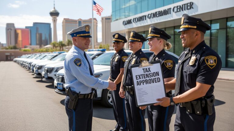 Las Vegas Metro Police officers celebrating tax extension approval outside Clark County Government Center with new police vehicles lined up, highlighting law enforcement jobs and public service in Nevada.