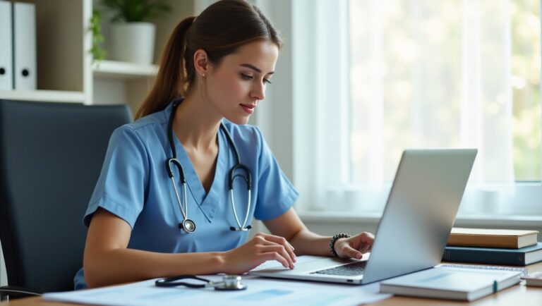 A woman in medical scrubs is at her desk, using a laptop, with a professional and organized workspace around her.