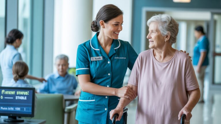 A nurse gently holds an elderly woman's hand in a hospital, providing comfort and support during her care.
