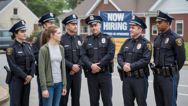 A woman stands beside a group of police officers, engaged in conversation in a public setting.