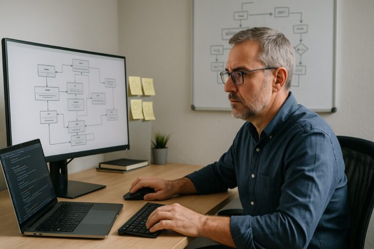 A man sitting at a desk with a computer, focused on work, with a whiteboard filled with notes in the background