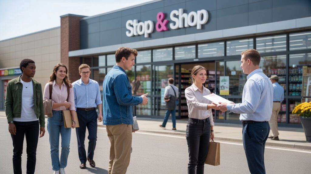 Shoppers gathered in front of a Stop & Shop store, engaging in conversation and carrying shopping bags.