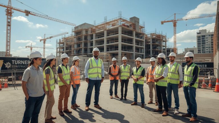 A group of construction workers poses in front of a building under construction, wearing hard hats and safety vests.