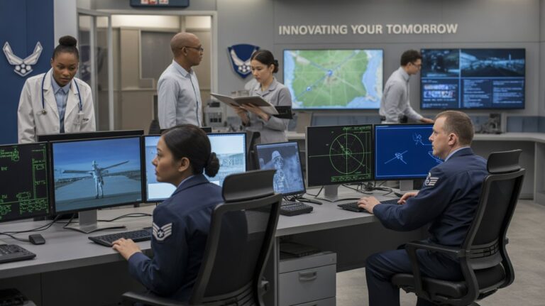 Air Force personnel focused on computers in a high-tech control room, monitoring operations and communications.