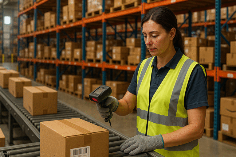 A woman in a safety vest scans an item with a handheld device, focused on her task in a work environment.