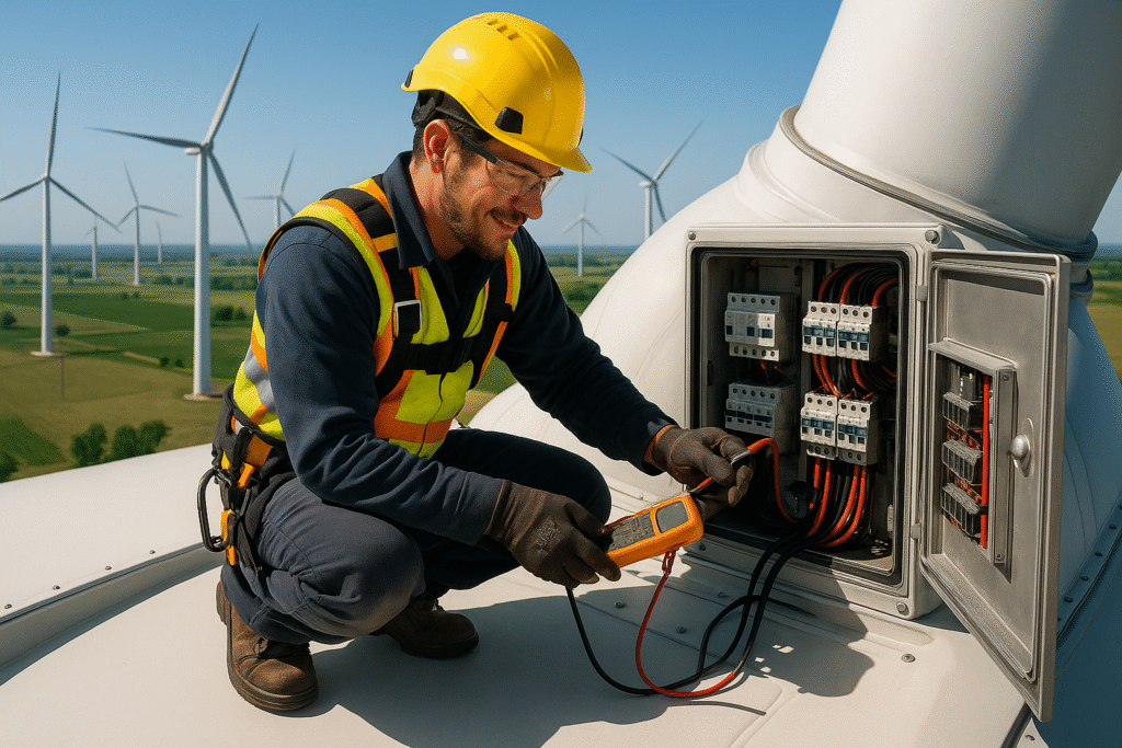 A worker in a hard hat and safety vest is inspecting a wind turbine, ensuring it operates safely and efficiently.
