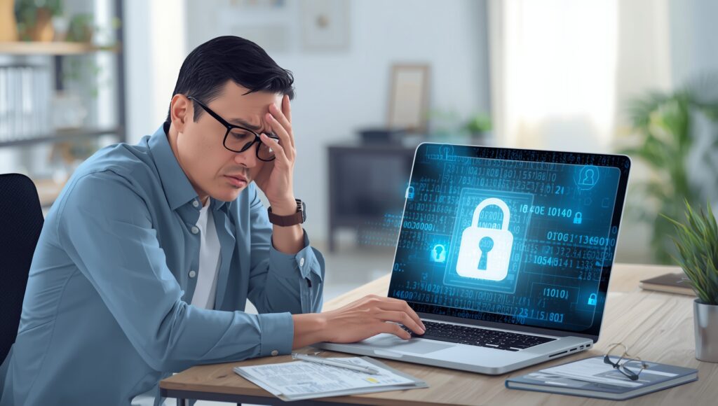A man wearing glasses gazes at a laptop secured with a padlock, indicating a focus on online security.