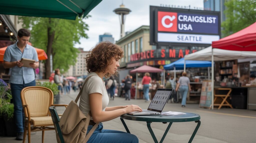 A woman working on a laptop while seated at an outdoor table, surrounded by greenery and natural light.