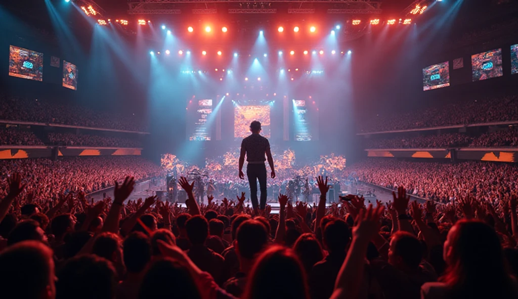 A large crowd of people enjoying a concert, with colorful lights and a stage in the background.