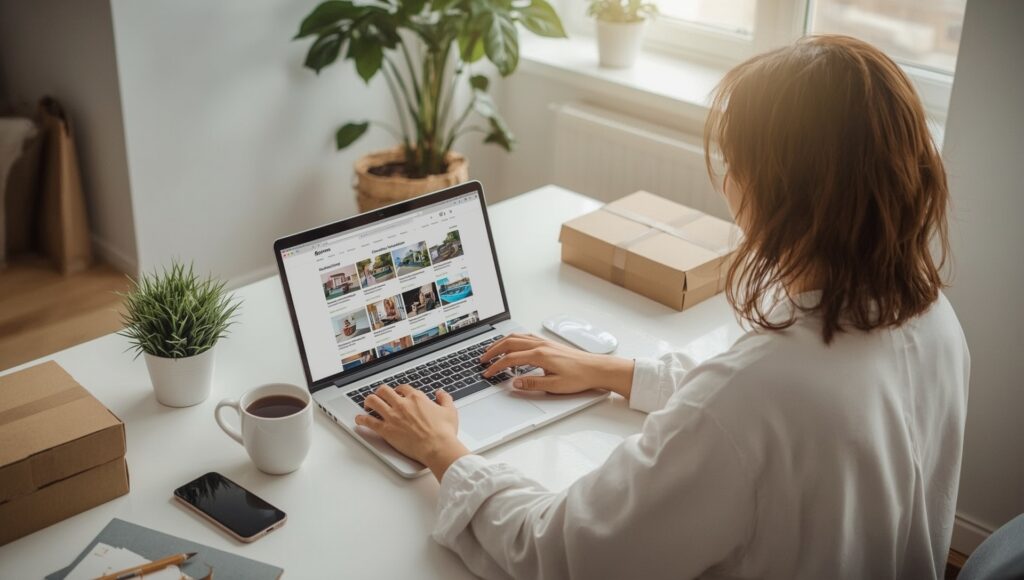 A woman types on her laptop at a desk, focused on her work in a well-lit, organized workspace.