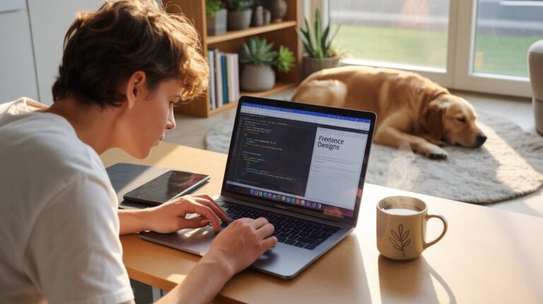 A man at a desk using a laptop, with a dog resting in the background.