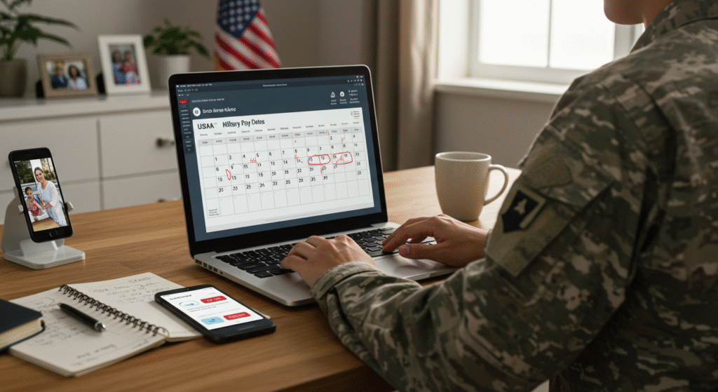 A soldier checks his calendar on a laptop while seated, focused on planning his schedule.