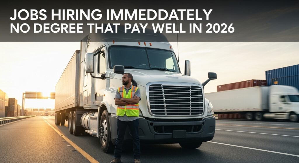 Truck driver in a safety vest stands confidently beside a large semi-truck on a highway. Text above reads "Jobs Hiring Immediately, No Degree That Pay Well in 2026."