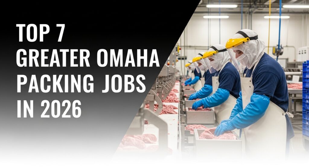 Top 7 Greater Omaha Packing Jobs in 2026" alongside an image of workers in protective gear processing meat at a facility, highlighting industrial efficiency.