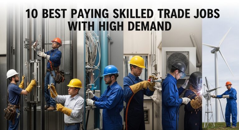 Workers in hard hats and blue uniforms engage in various skilled trades: elevator repair, plumbing, HVAC, welding, and wind energy. Text above reads: "10 Best Paying Skilled Trade Jobs With High Demand."