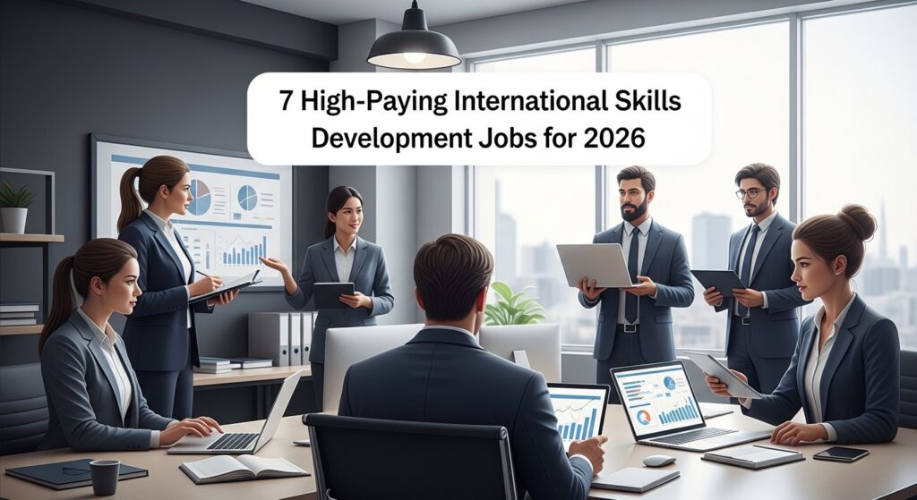 A professional team in formal attire discusses charts in a modern conference room. The text reads, "7 High-Paying International Skills Development Jobs for 2026."