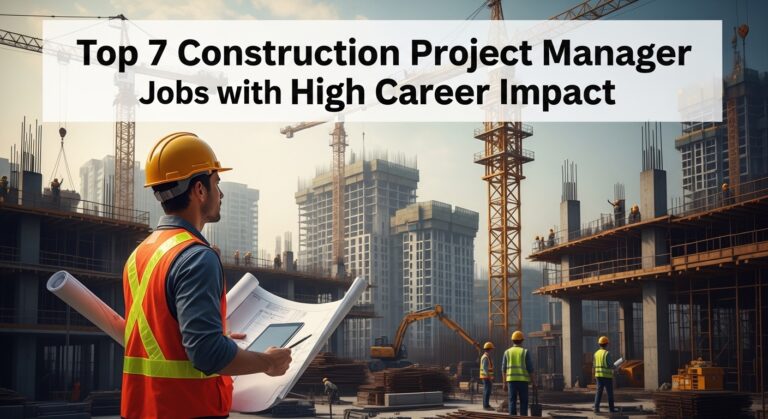 A construction manager in a hard hat and safety vest reviews blueprints at a busy urban site, with cranes and partially built skyscrapers in the background. Text overlay reads, "Top 7 Construction Project Manager Jobs with High Career Impact."