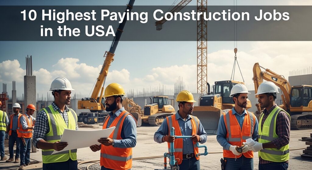 Group of construction workers in hard hats and vests converse on a busy site with machinery. Text reads "10 Highest Paying Construction Jobs in the USA."
