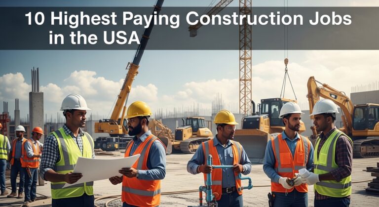 Group of construction workers in hard hats and vests converse on a busy site with machinery. Text reads "10 Highest Paying Construction Jobs in the USA."