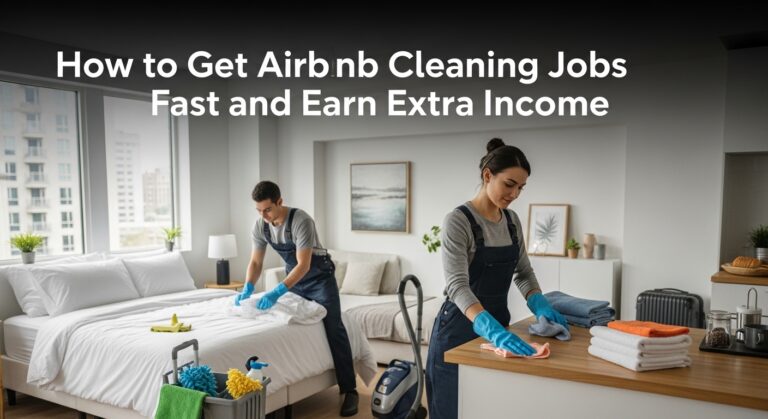 A man and woman clean a modern Airbnb bedroom. The man makes the bed, and the woman dusts a counter with folded towels. Text reads "How to Get Airbnb Cleaning Jobs Fast and Earn Extra Income."