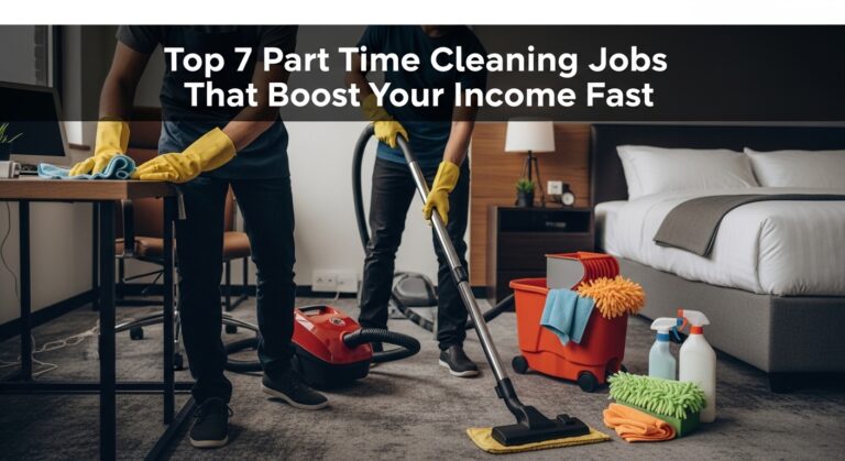 Two people in a bedroom are cleaning with a vacuum and wiping a table, surrounded by cleaning supplies. Text overlay reads, "Top 7 Part Time Cleaning Jobs That Boost Your Income Fast."