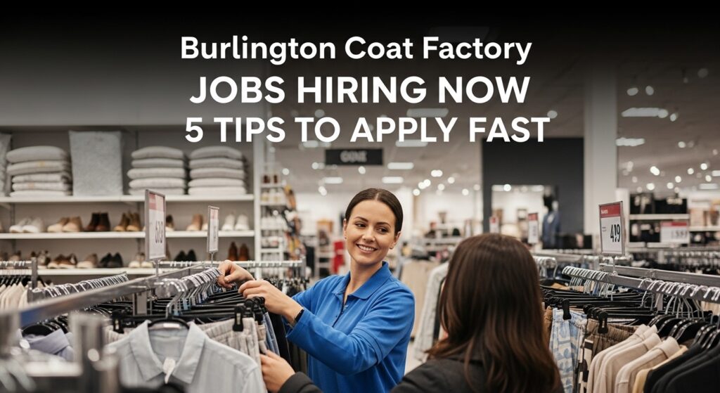 Smiling store employee assists a customer in a Burlington Coat Factory, showcasing a variety of clothing on racks. Text promotes job opportunities.