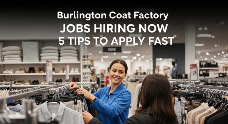 Smiling store employee assists a customer in a Burlington Coat Factory, showcasing a variety of clothing on racks. Text promotes job opportunities.